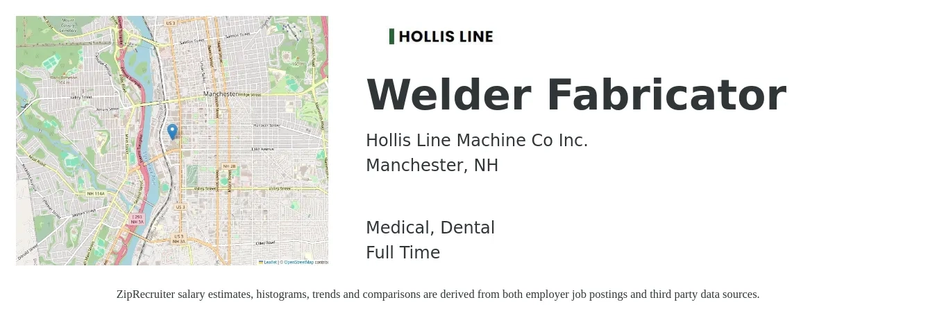 Hollis Line Machine Co Inc. job posting for a Welder Fabricator in Manchester, NH with a salary of $20 to $26 Hourly and benefits including medical, pto, and dental with a map of Manchester location.
