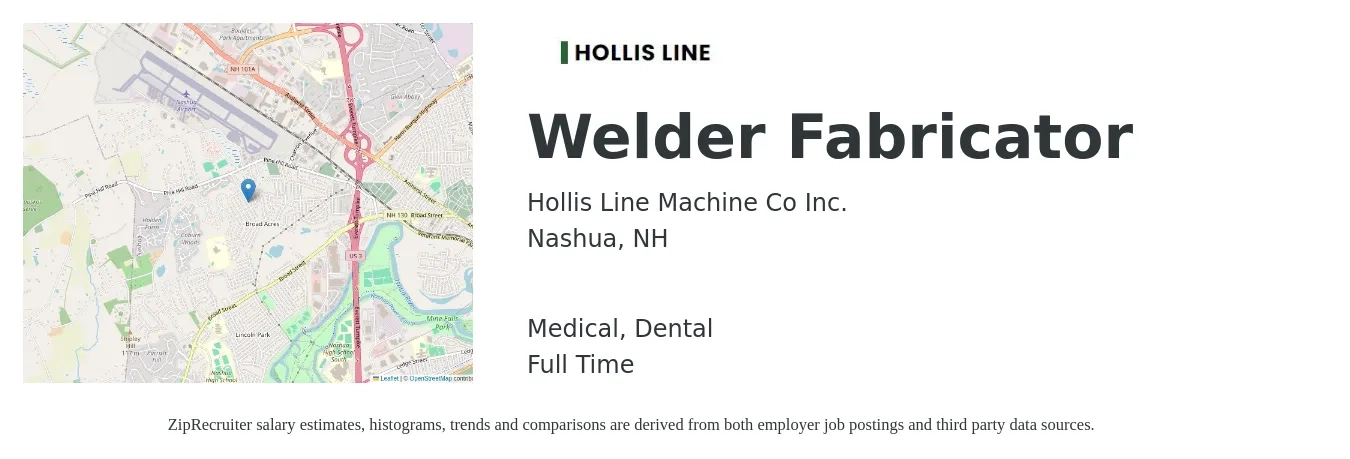Hollis Line Machine Co Inc. job posting for a Welder Fabricator in Nashua, NH with a salary of $20 to $26 Hourly and benefits including pto, dental, and medical with a map of Nashua location.