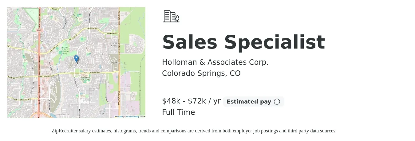 Holloman & Associates Corp. job posting for a Sales Specialist in Colorado Springs, CO with a salary of $48,000 to $72,000 Yearly with a map of Colorado Springs location.