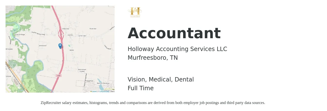 Holloway Accounting Services LLC job posting for a Accountant in Murfreesboro, TN with a salary of $47,200 to $69,300 Yearly and benefits including dental, life_insurance, medical, pto, retirement, and vision with a map of Murfreesboro location.
