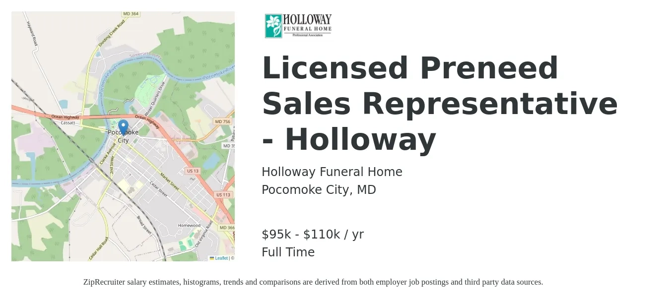 Holloway Funeral Home job posting for a Licensed Preneed Sales Representative - Holloway in Pocomoke City, MD with a salary of $95,000 to $110,000 Yearly with a map of Pocomoke City location.