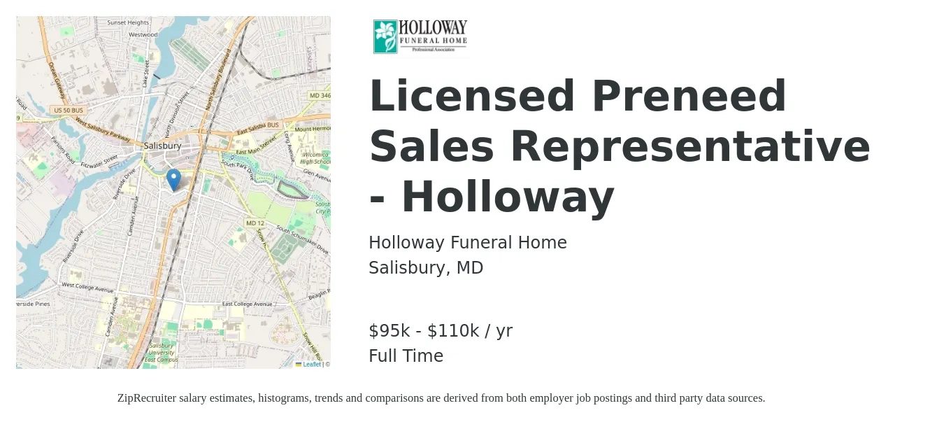 Holloway Funeral Home job posting for a Licensed Preneed Sales Representative - Holloway in Salisbury, MD with a salary of $95,000 to $110,000 Yearly with a map of Salisbury location.