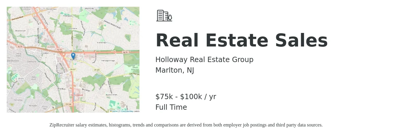 Holloway Real Estate Group job posting for a Real Estate Sales in Marlton, NJ with a salary of $75,000 to $100,000 Yearly with a map of Marlton location.