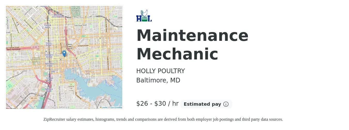 Holly Poultry job posting for a Maintenance Mechanic in Baltimore, MD with a salary of $28 to $32 Hourly and benefits including medical, retirement, vision, dental, and life_insurance with a map of Baltimore location.