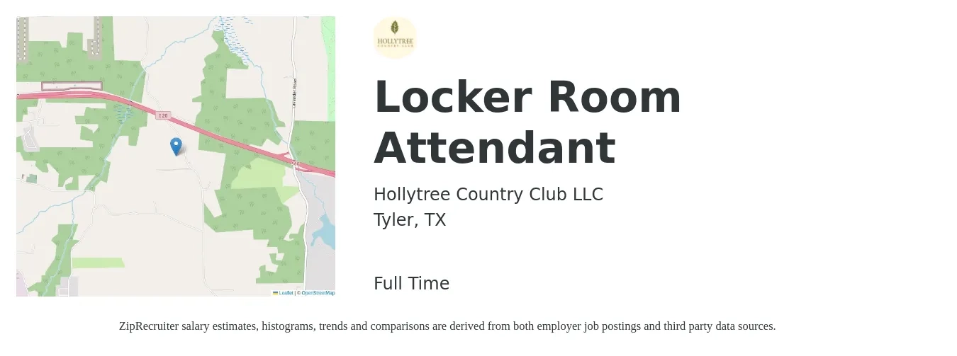 Hollytree Country Club LLC job posting for a Locker Room Attendant in Tyler, TX with a salary of $12 to $16 Hourly with a map of Tyler location.