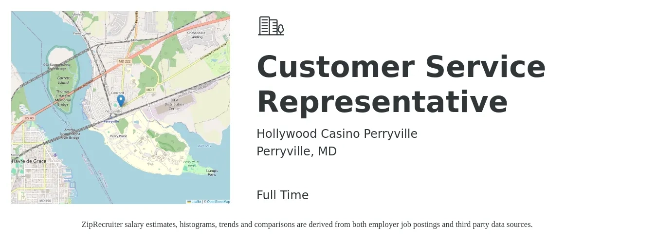 Hollywood Casino Perryville job posting for a Customer Service Representative in Perryville, MD with a salary of $16 to $21 Hourly with a map of Perryville location.