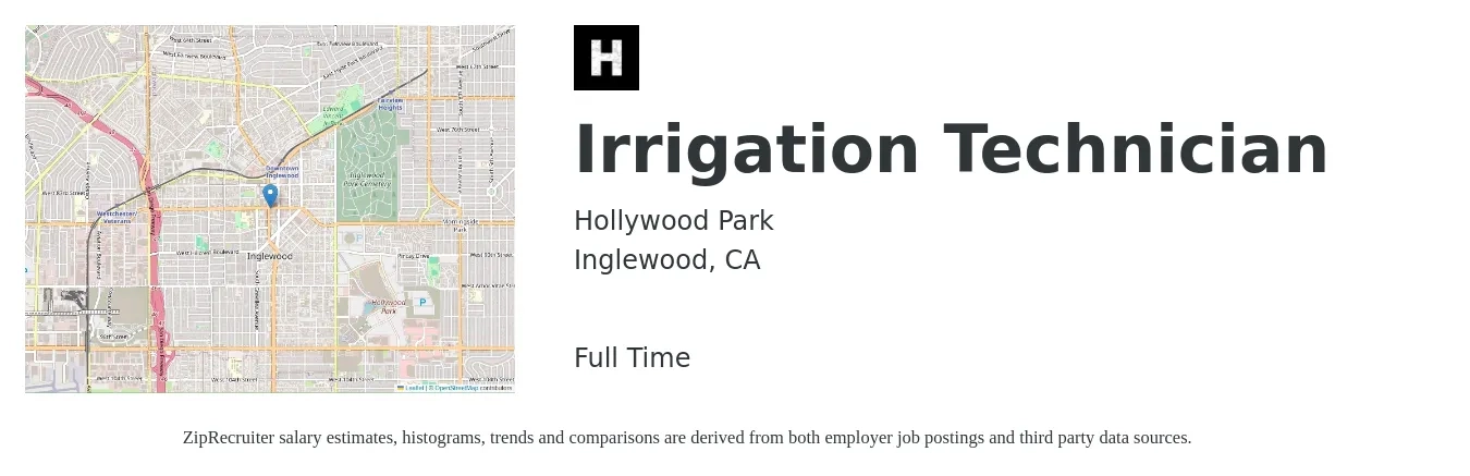 Hollywood Park job posting for a Irrigation Technician in Inglewood, CA with a salary of $20 to $26 Hourly with a map of Inglewood location.