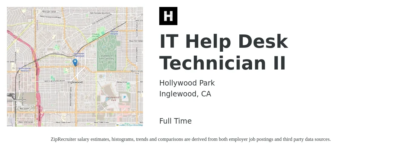 Hollywood Park job posting for a IT Help Desk Technician II in Inglewood, CA with a salary of $20 to $29 Hourly with a map of Inglewood location.