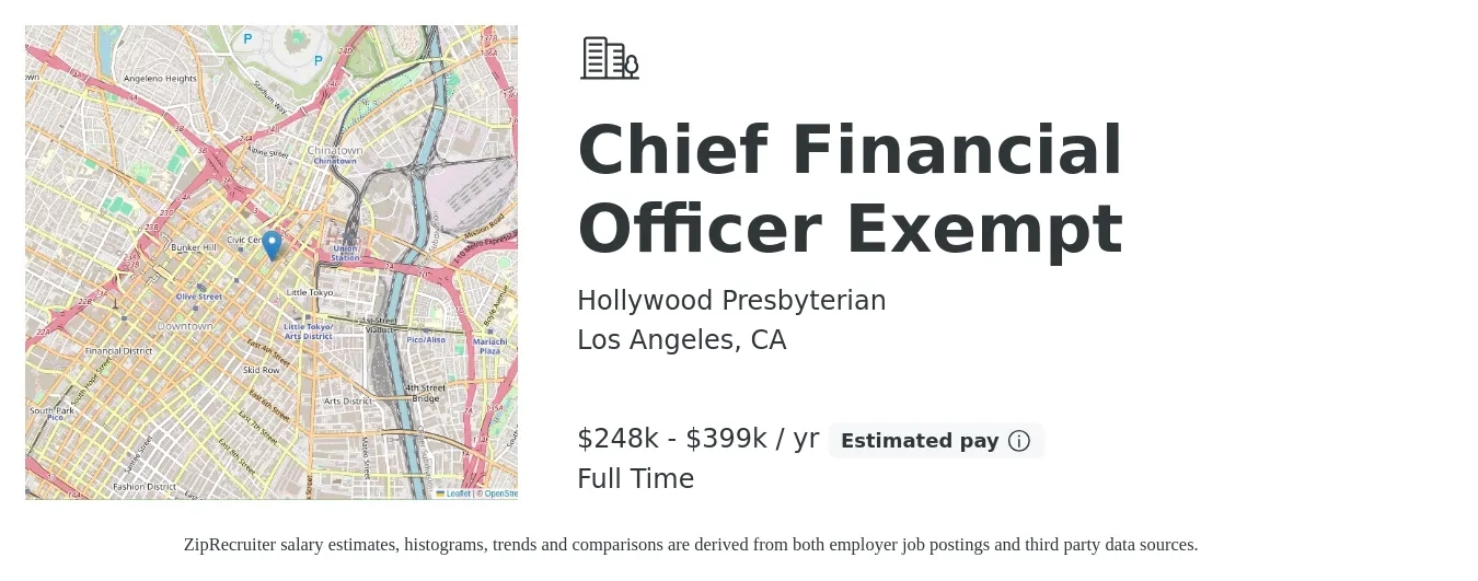 Hollywood Presbyterian job posting for a Chief Financial Officer Exempt in Los Angeles, CA with a salary of $248,000 to $399,000 Yearly with a map of Los Angeles location.