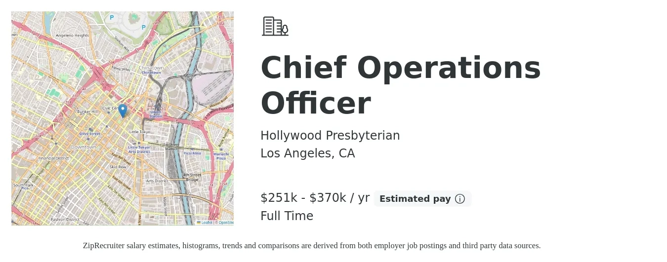 Hollywood Presbyterian job posting for a Chief Operations Officer in Los Angeles, CA with a salary of $251,201 to $370,240 Yearly with a map of Los Angeles location.