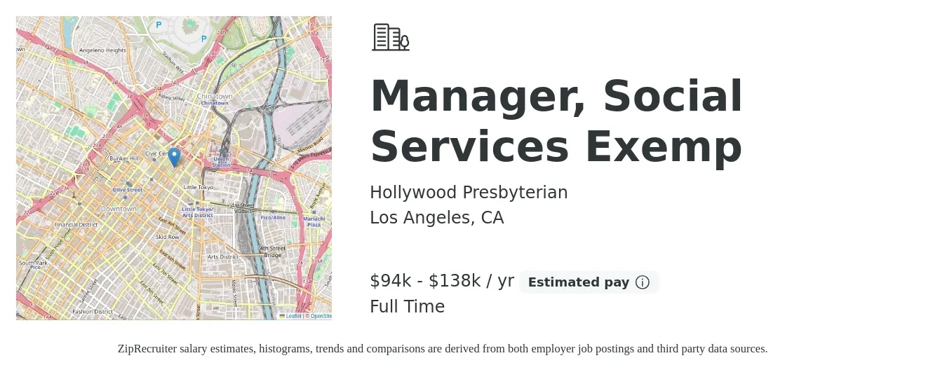 Hollywood Presbyterian job posting for a Manager, Social Services Exemp in Los Angeles, CA with a salary of $94,952 to $138,341 Yearly with a map of Los Angeles location.
