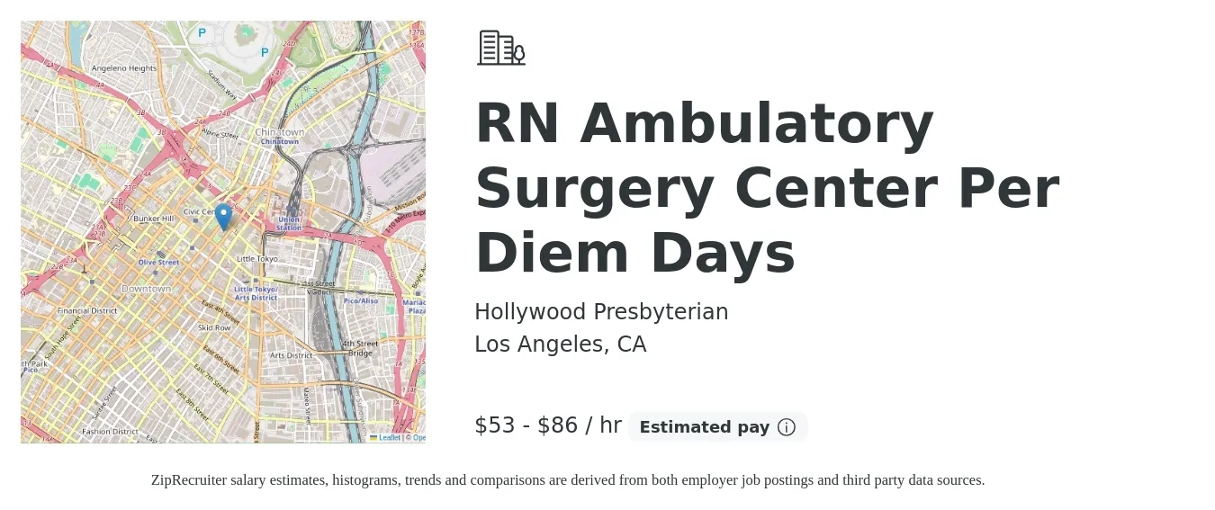 Hollywood Presbyterian job posting for a RN Ambulatory Surgery Center Per Diem Days in Los Angeles, CA with a salary of $56 to $90 Hourly with a map of Los Angeles location.