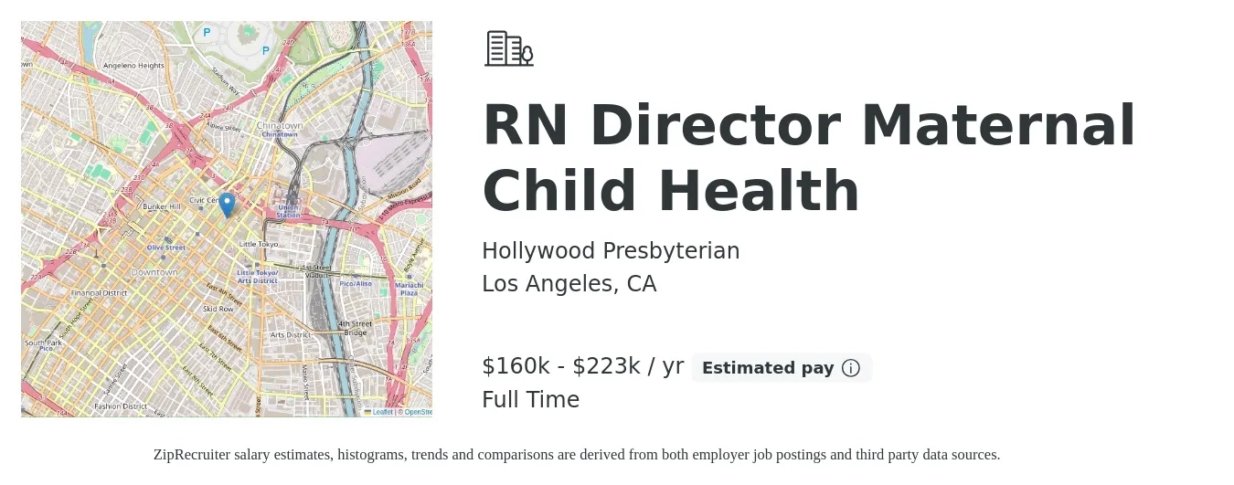 Hollywood Presbyterian job posting for a RN Director Maternal Child Health in Los Angeles, CA with a salary of $160,700 to $223,392 Yearly with a map of Los Angeles location.