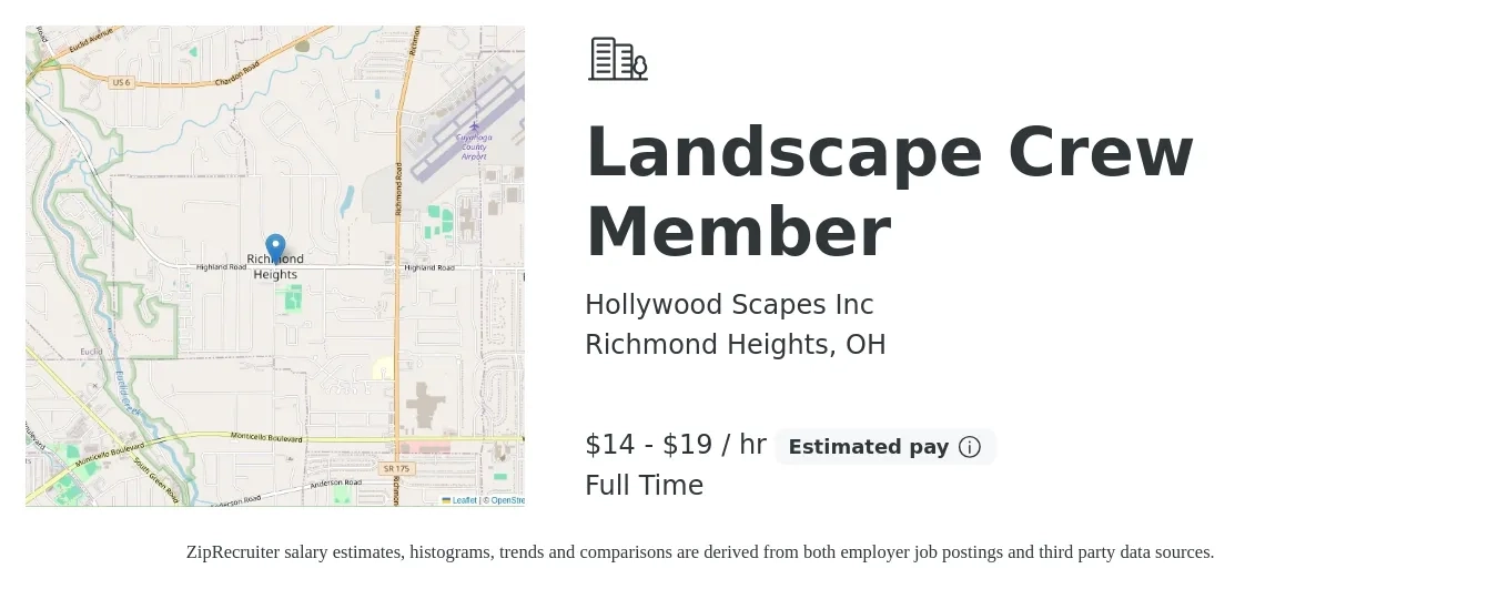 Hollywood Scapes Inc job posting for a Landscape Crew Member in Richmond Heights, OH with a salary of $15 to $20 Hourly with a map of Richmond Heights location.