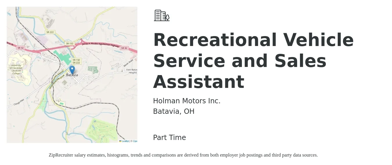 Holman Motors Inc. job posting for a Recreational Vehicle Service and Sales Assistant in Batavia, OH with a salary of $16 to $20 Hourly with a map of Batavia location.