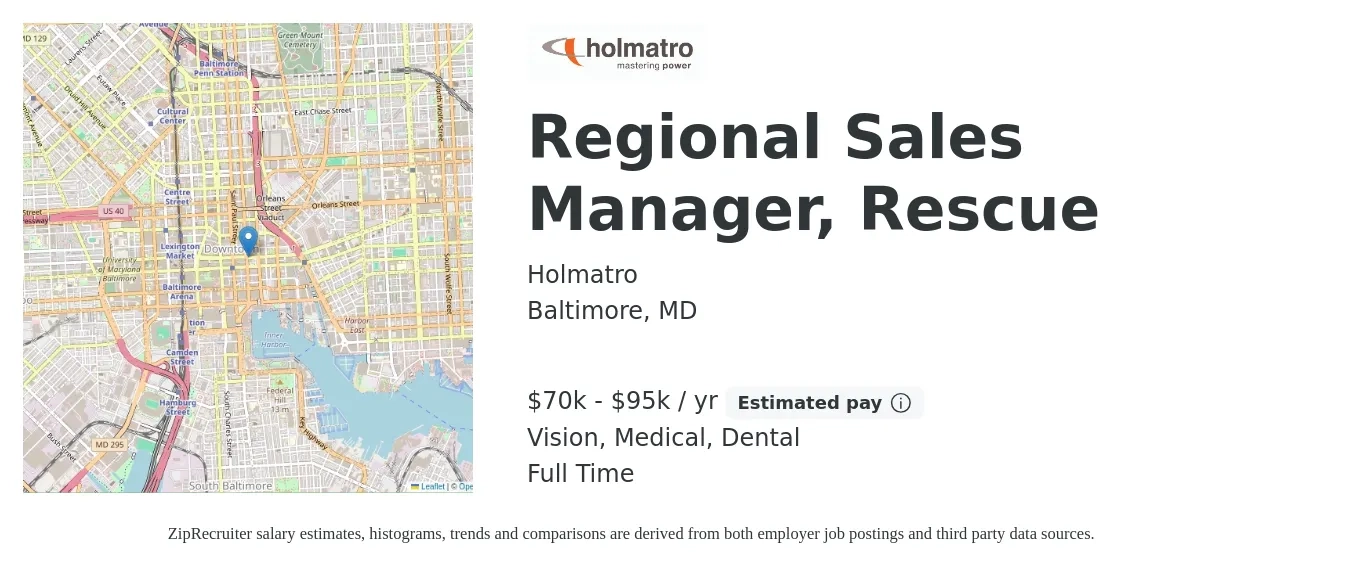 Holmatro job posting for a Regional Sales Manager, Rescue in Baltimore, MD with a salary of $70,000 to $95,000 Yearly (plus commission) and benefits including dental, life_insurance, medical, retirement, and vision with a map of Baltimore location.
