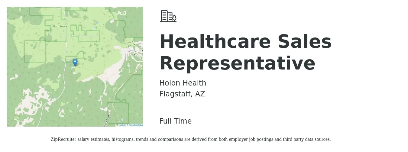 Holon Health job posting for a Healthcare Sales Representative in Flagstaff, AZ with a salary of $48,100 to $63,600 Yearly with a map of Flagstaff location.