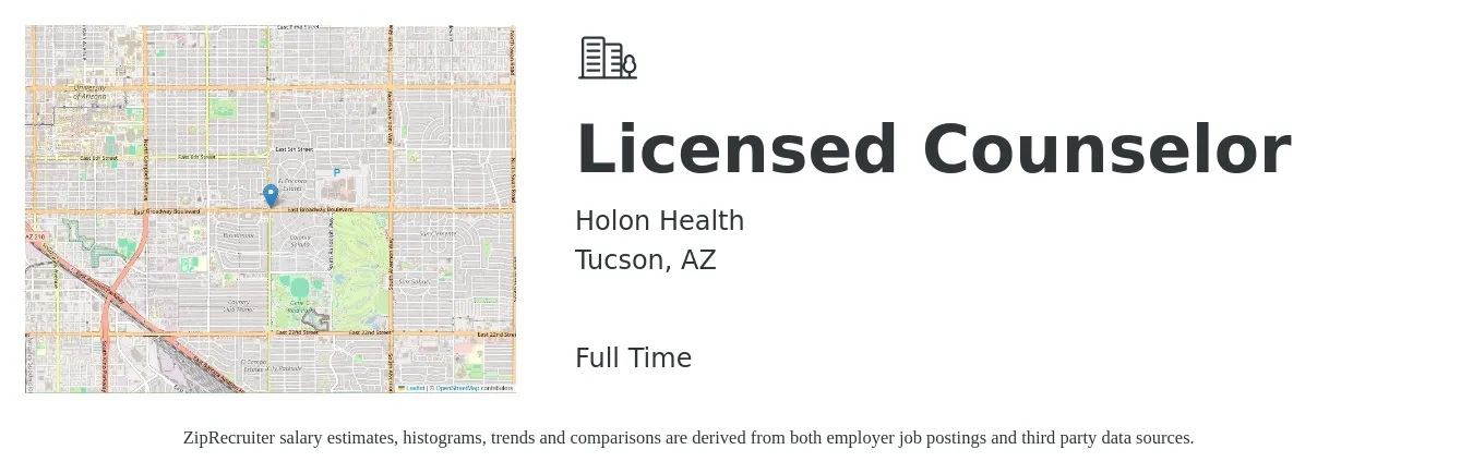 Holon Health job posting for a Licensed Counselor in Tucson, AZ with a salary of $55,300 to $75,600 Yearly with a map of Tucson location.