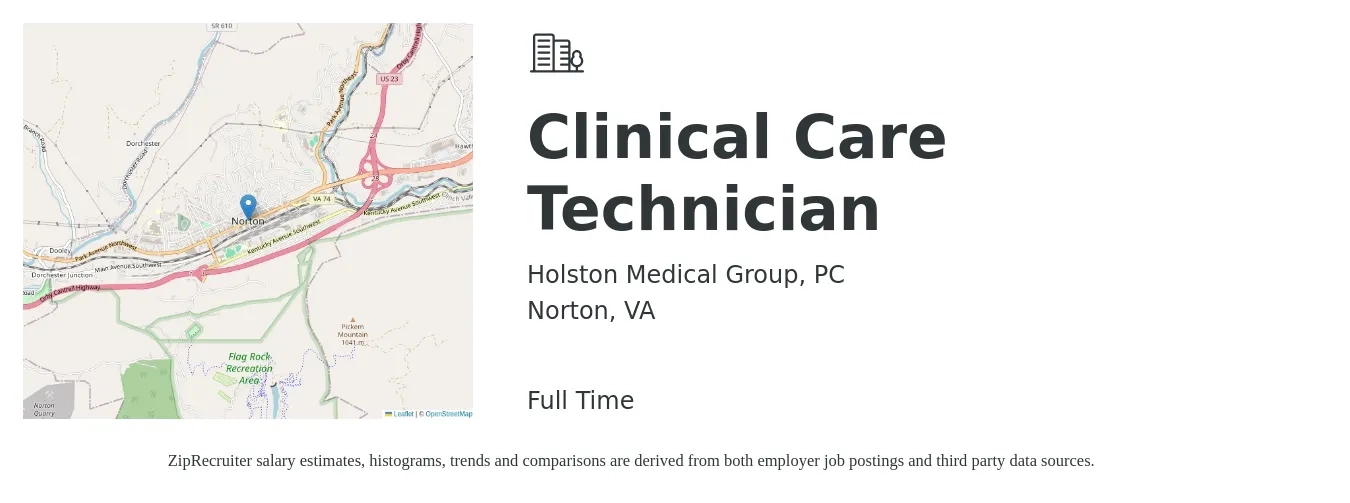 Holston Medical Group, PC job posting for a Clinical Care Technician in Norton, VA with a salary of $19 to $25 Hourly with a map of Norton location.