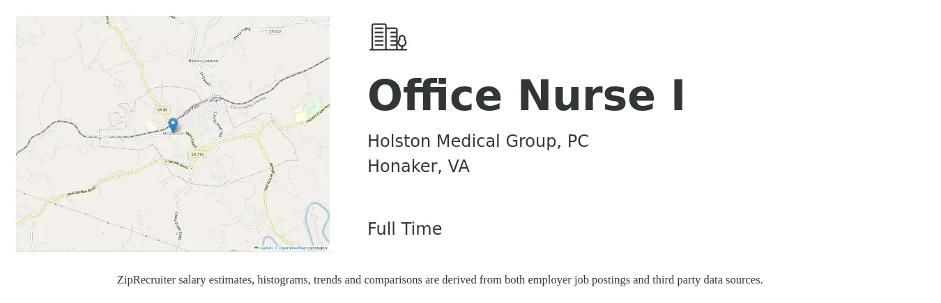 Holston Medical Group, PC job posting for a Office Nurse I in Honaker, VA with a salary of $25 to $40 Hourly with a map of Honaker location.