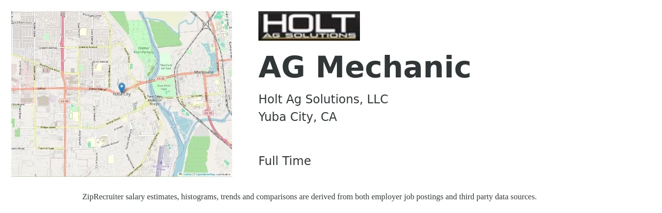 Holt Ag Solutions, LLC job posting for a AG Mechanic in Yuba City, CA with a salary of $38 Hourly with a map of Yuba City location.