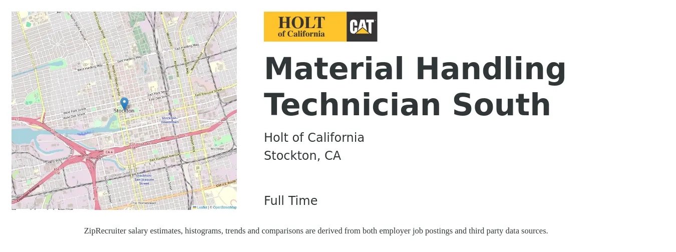 Holt of California job posting for a Material Handling Technician South in Stockton, CA with a salary of $31 to $33 Hourly with a map of Stockton location.