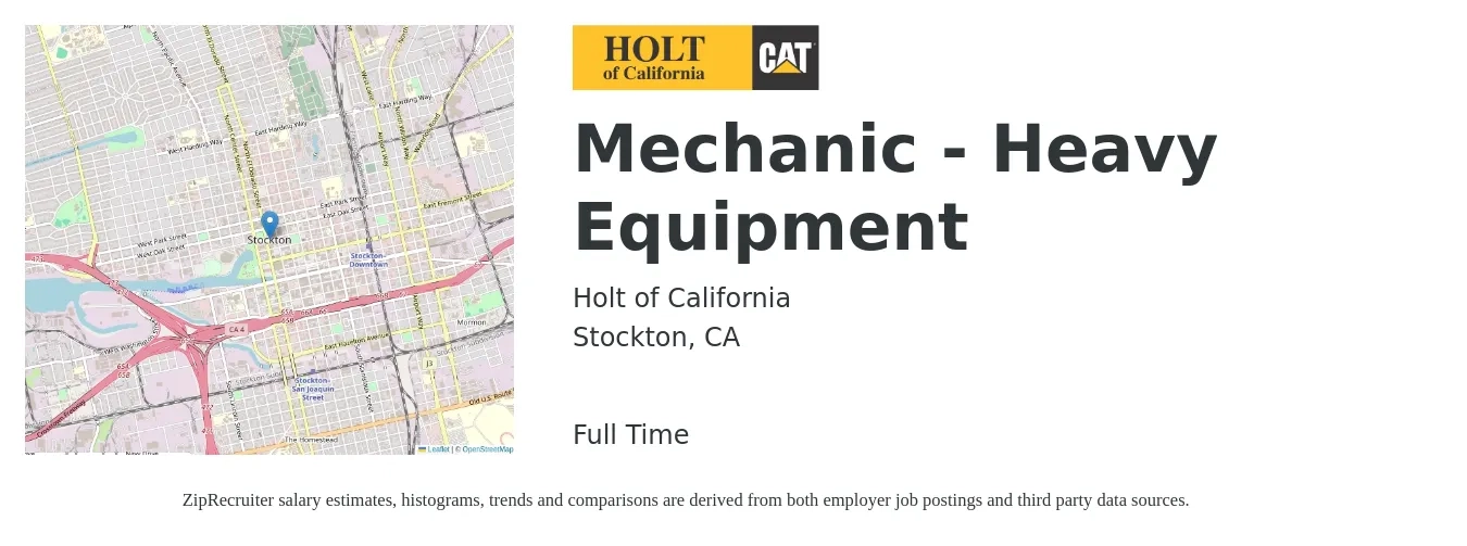 Holt of California job posting for a Mechanic - Heavy Equipment in Stockton, CA with a salary of $21 to $40 Hourly with a map of Stockton location.