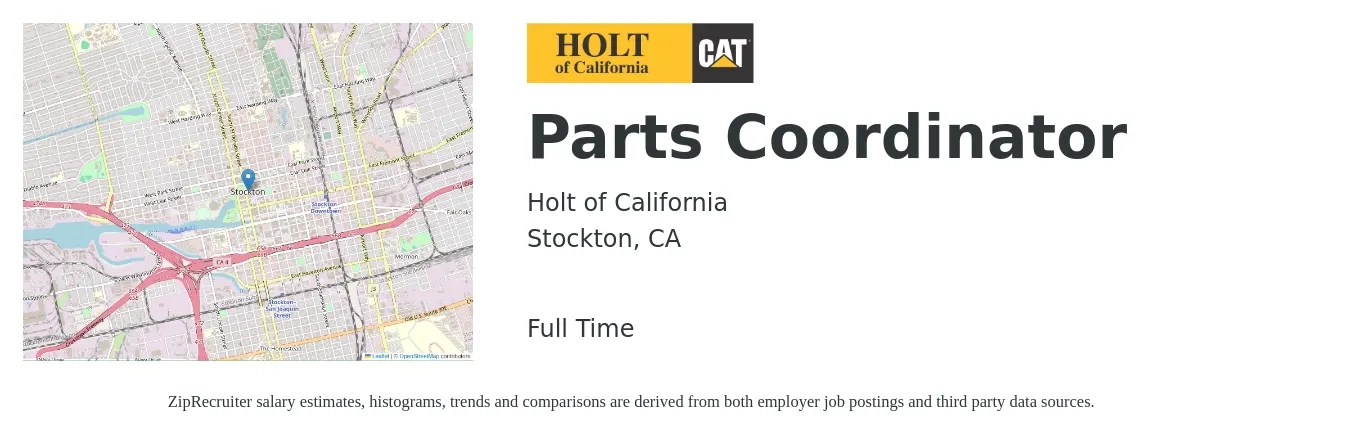 Holt of California job posting for a Parts Coordinator in Stockton, CA with a salary of $20 to $26 Hourly with a map of Stockton location.