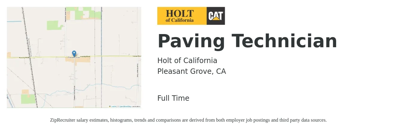 Holt of California job posting for a Paving Technician in Pleasant Grove, CA with a salary of $38 to $52 Hourly with a map of Pleasant Grove location.
