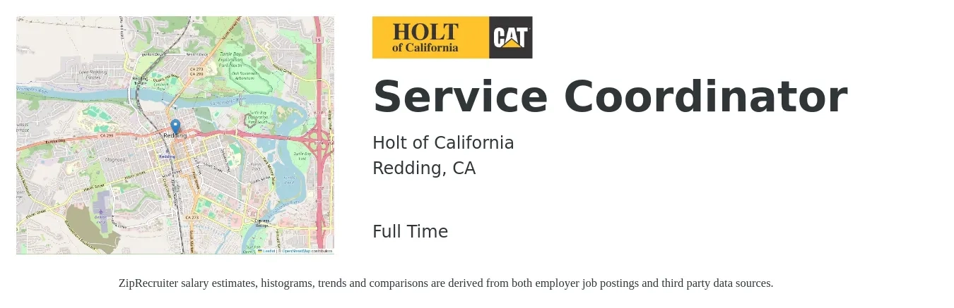 Holt of California job posting for a Service Coordinator in Redding, CA with a salary of $23 to $27 Hourly with a map of Redding location.