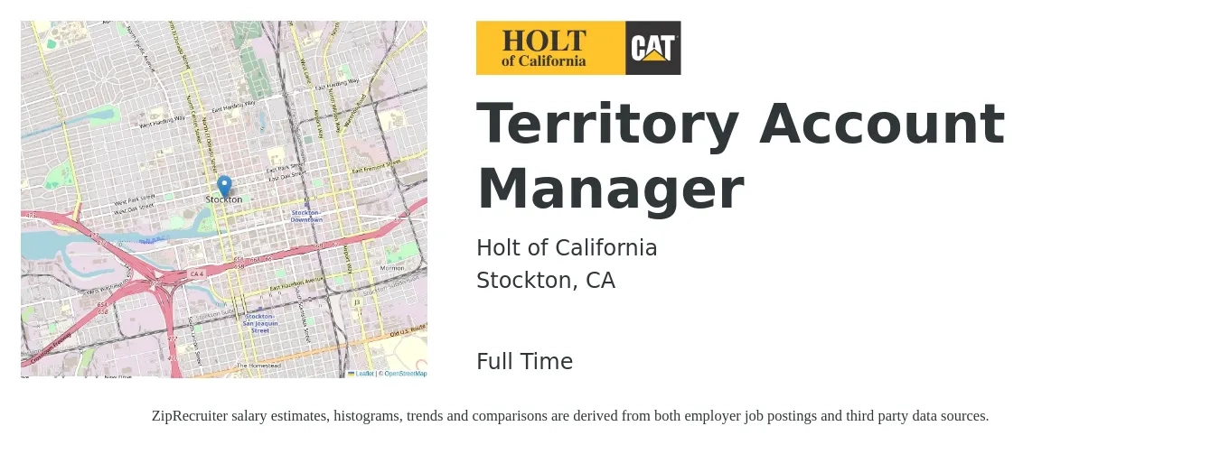Holt of California job posting for a Territory Account Manager in Stockton, CA with a salary of $80,000 to $110,000 Yearly with a map of Stockton location.