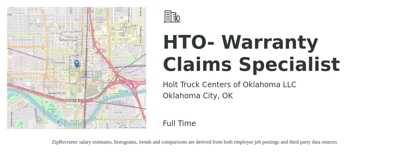 Holt Truck Centers of Oklahoma LLC job posting for a HTO- Warranty Claims Specialist in Oklahoma City, OK with a salary of $19 to $29 Hourly with a map of Oklahoma City location.