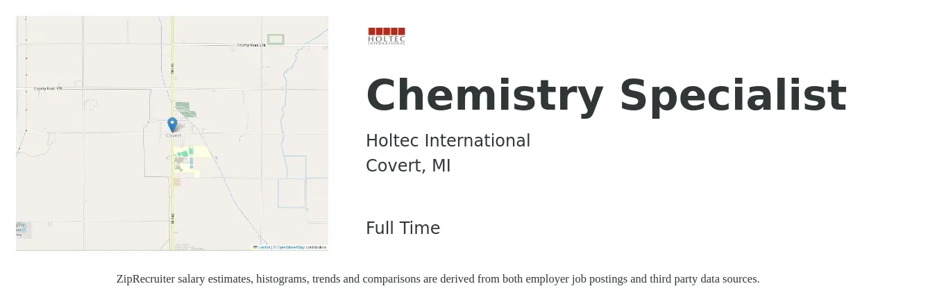 Holtec International job posting for a Chemistry Specialist in Covert, MI with a map of Covert location.