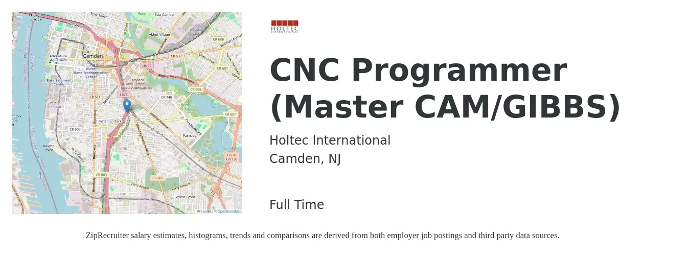 Holtec International job posting for a CNC Programmer (Master CAM/GIBBS) in Camden, NJ with a salary of $27 to $36 Hourly with a map of Camden location.