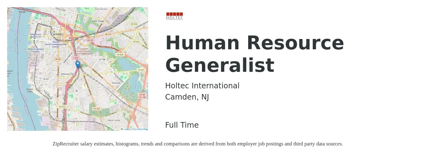Holtec International job posting for a Human Resource Generalist in Camden, NJ with a salary of $52,400 to $74,500 Yearly with a map of Camden location.