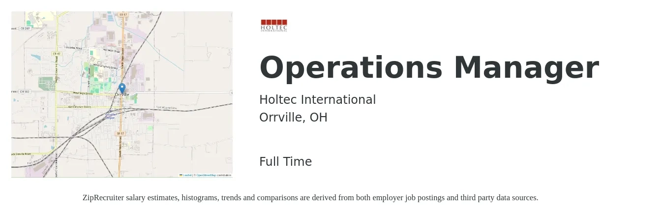 Holtec International job posting for a Operations Manager in Orrville, OH with a salary of $38,400 to $72,700 Yearly with a map of Orrville location.