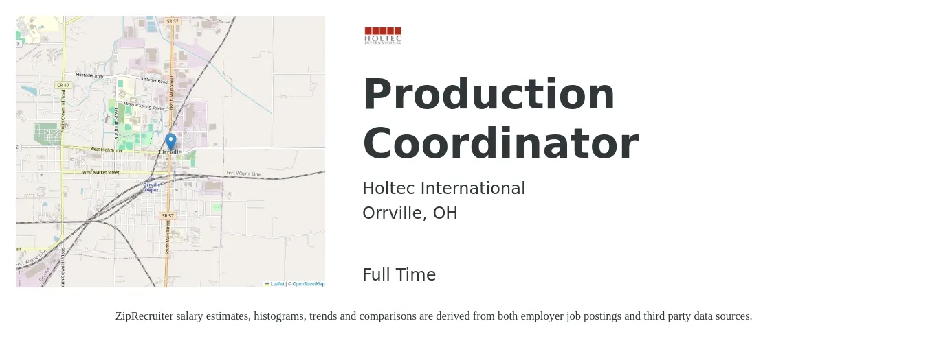 Holtec International job posting for a Production Coordinator in Orrville, OH with a salary of $19 to $28 Hourly with a map of Orrville location.