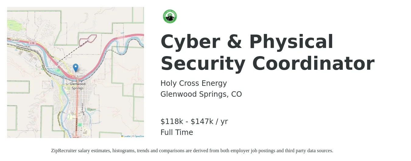 Holy Cross Energy job posting for a Cyber & Physical Security Coordinator in Glenwood Springs, CO with a salary of $118,322 to $147,903 Yearly with a map of Glenwood Springs location.