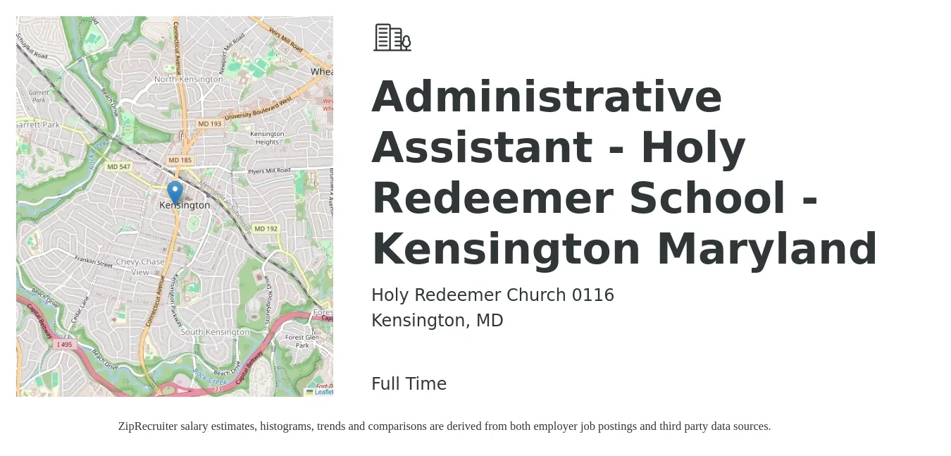 Holy Redeemer Church 0116 job posting for a Administrative Assistant - Holy Redeemer School - Kensington Maryland in Kensington, MD with a salary of $18 to $25 Hourly with a map of Kensington location.
