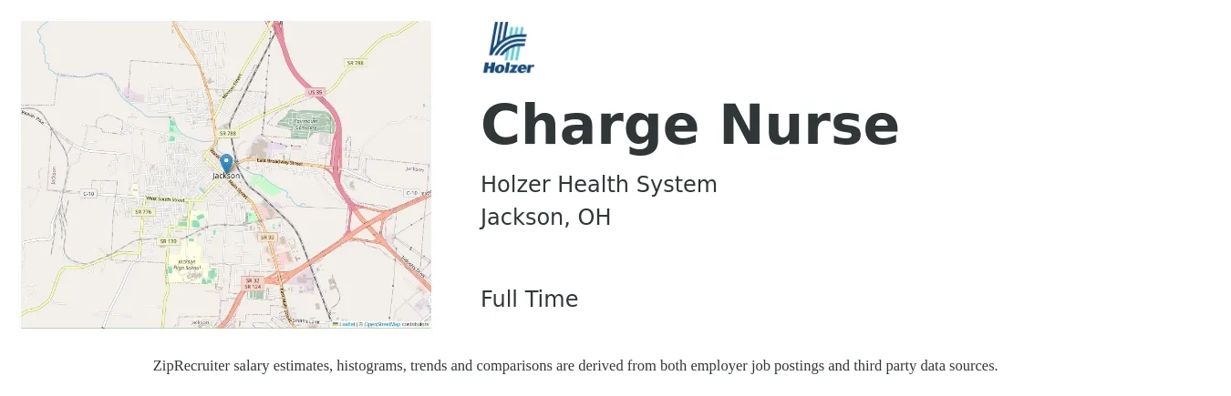 Holzer Health System job posting for a Charge Nurse in Jackson, OH with a salary of $27 to $39 Hourly with a map of Jackson location.
