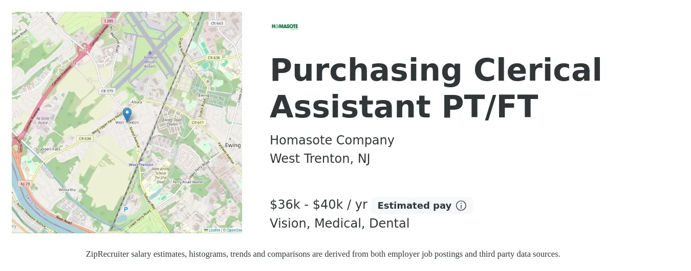 Homasote Company job posting for a Purchasing Clerical Assistant PT/FT in West Trenton, NJ with a salary of $32,000 to $36,000 Yearly and benefits including vision, dental, life_insurance, medical, pto, and retirement with a map of West Trenton location.