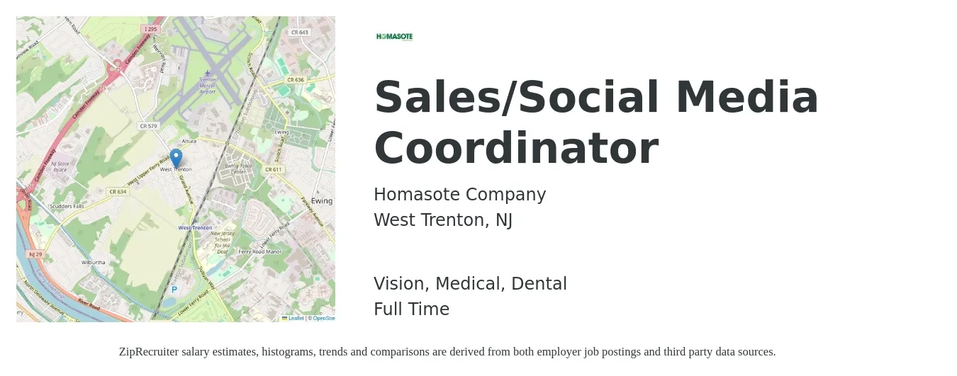Homasote Company job posting for a Sales/Social Media Coordinator in West Trenton, NJ with a salary of $40,300 to $52,800 Yearly and benefits including medical, pto, retirement, vision, dental, and life_insurance with a map of West Trenton location.