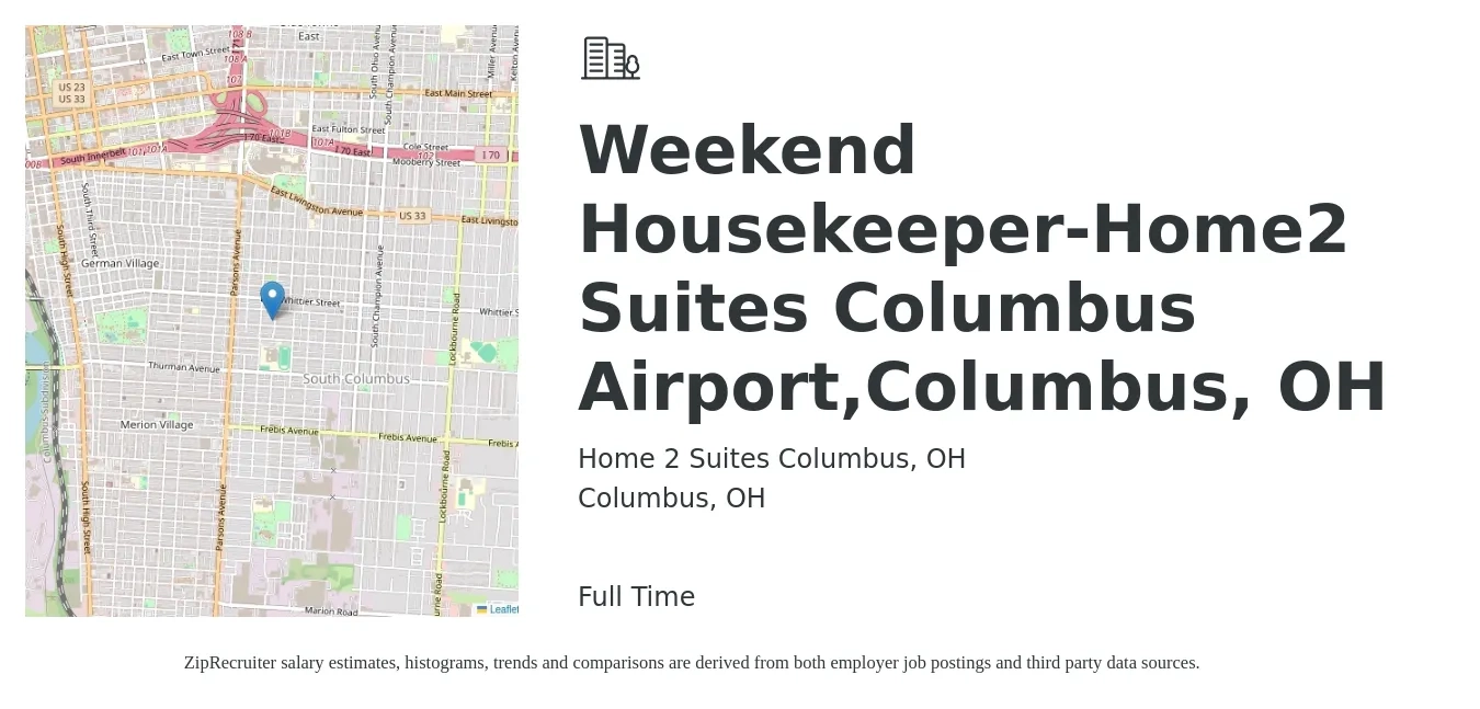 Home 2 Suites Columbus, OH job posting for a Weekend Housekeeper-Home2 Suites Columbus Airport,Columbus, OH in Columbus, OH with a salary of $14 to $18 Hourly with a map of Columbus location.