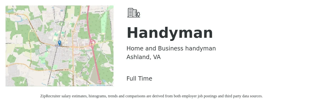 Home and Business handyman job posting for a Handyman in Ashland, VA with a salary of $500 to $900 Weekly with a map of Ashland location.