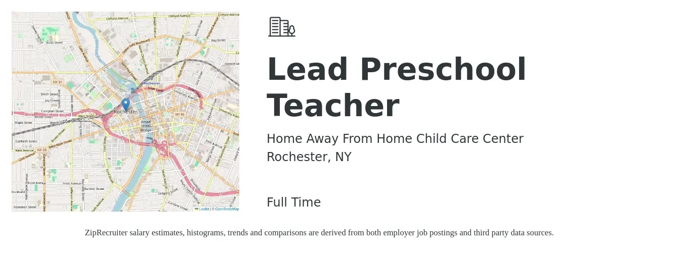 Home Away From Home Child Care Center job posting for a Lead Preschool Teacher in Rochester, NY with a salary of $16 to $20 Hourly with a map of Rochester location.