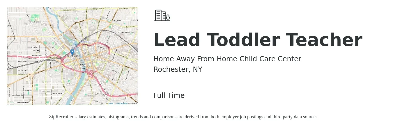 Home Away From Home Child Care Center job posting for a Lead Toddler Teacher in Rochester, NY with a salary of $15 to $18 Hourly with a map of Rochester location.