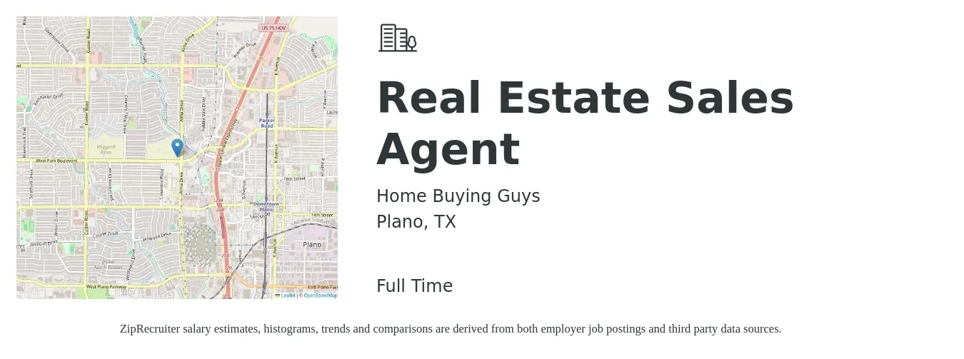 Home Buying Guys job posting for a Real Estate Sales Agent in Plano, TX with a salary of $78,500 to $105,300 Yearly with a map of Plano location.