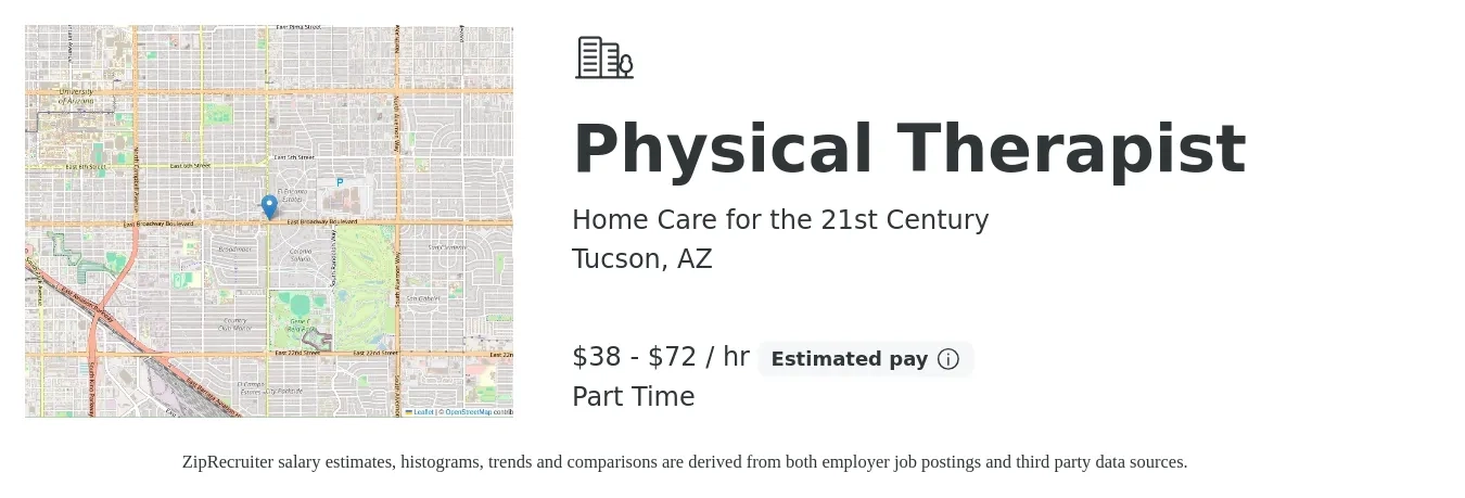 Home Care for the 21st Century job posting for a Physical Therapist in Tucson, AZ with a salary of $40 to $75 Hourly with a map of Tucson location.