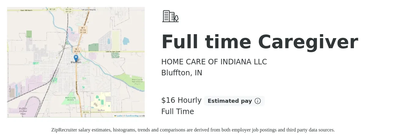 HOME CARE OF INDIANA LLC job posting for a Full time Caregiver in Bluffton, IN with a salary of $17 Hourly with a map of Bluffton location.