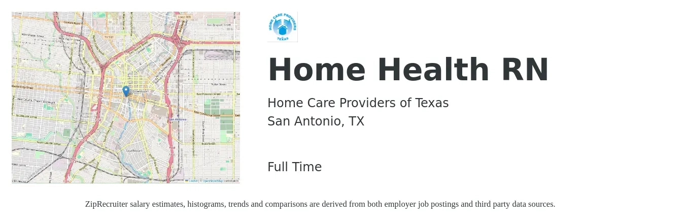 Home Care Providers of Texas job posting for a Home Health RN in San Antonio, TX with a salary of $1,450 to $2,160 Weekly with a map of San Antonio location.